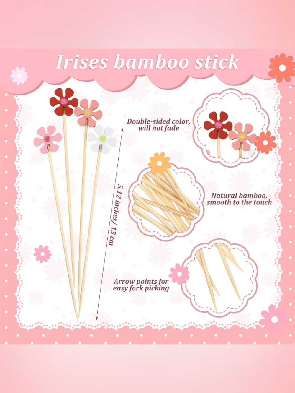 Daisy Bamboo 5.12" Cocktail Sticks- In 4 Assorted Colors (Pack of 40) - Picture 4 of 7
